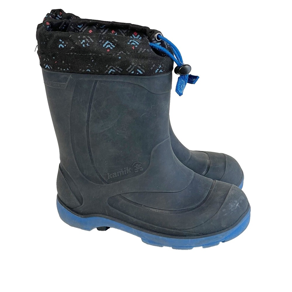 Kamik Snobuster Snow Boots Kids Size 2 Black Blue Pull On Waterproof Outdoor‎